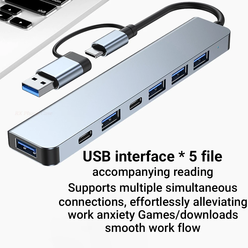 8 Ports USB C Hub with USB A Type-C 5Gbps Multi Adapter SD TF Card Reader Docking Station for MacBook Air PC