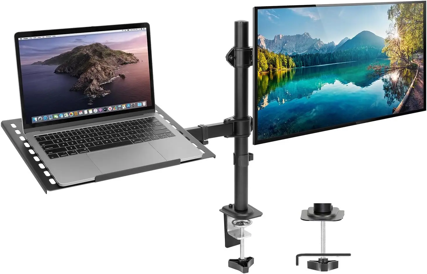 

Adjustable Laptop and Monitor Desk Mount with Ventilated Tray, Fits 13-32" Screens and 17" Laptops, Clamp & Grommet Base