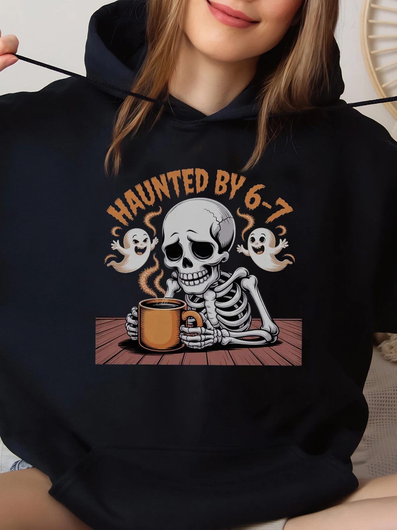 Encantado por 6-7 Skeleton Ghost Halloween Sudadera con capucha para mujeres hombres café fiesta desgaste negro tamaño grande