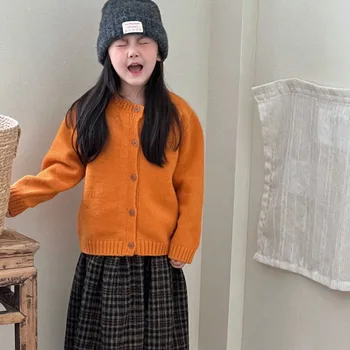 Boys Girls Autumn Sweater 2025 New Korean Fashionable Kids Spring Fall Winter Solid Color Single Breasted Knitted Cardigan 4