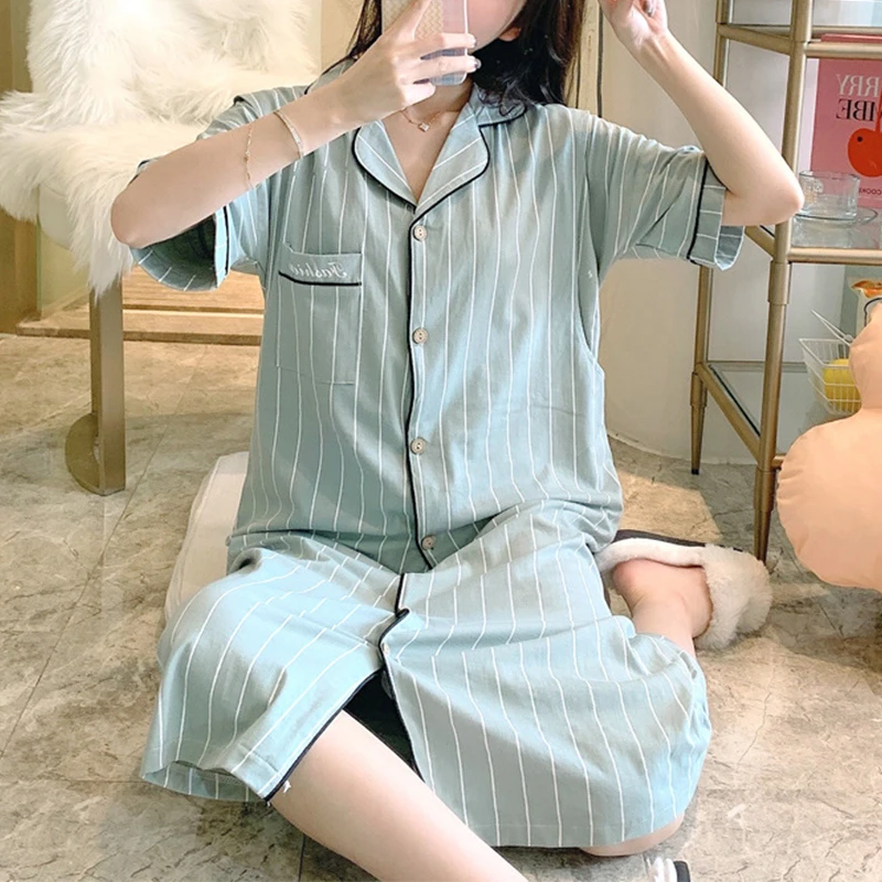 Cotton Cardigan Nursing Sleepwear Short Sleeve Striped Maternity Dresses Breastfeeding Pajamas Womens Loungewear Maternity Gowns