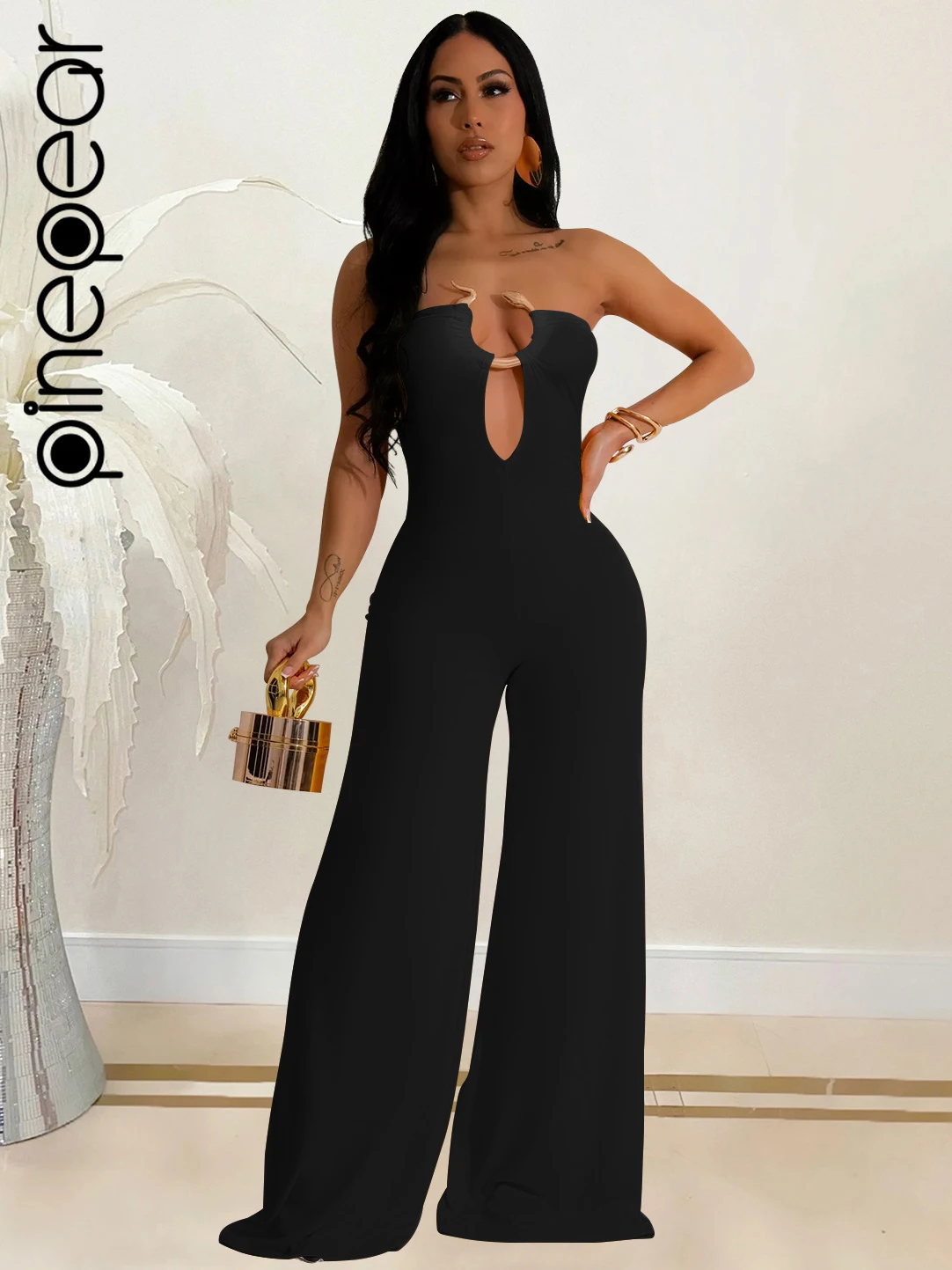 

PinePear Solid Hollow Out Strapless Backless Wide Leg Pants Jumpsuits Snake Metal One Piece Outfits Rompers Night Club Overalls