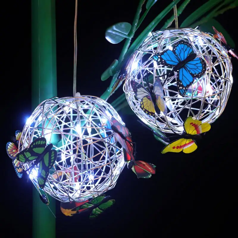 Garden Hanging Solar Light Round Ball Light With Butterfly Waterproof Metal Weaving Hanging Lamp Home Decorative Nightlight