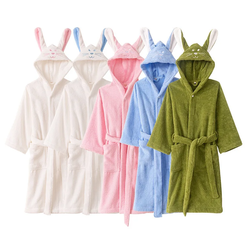Kids Terry Towel Cartoon Hooded Robe Children Sleepwear 2025 New Kimono Bathrobe Boy And Girl Pure Cotton Water Uptake Nightwear