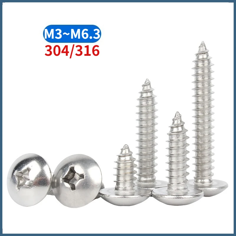 M3 - M6.3 304 / 316 Stainless Steel Cross Recessed Truss Head Self Tapping Screw Phillips Mushroom Head Wood Screws