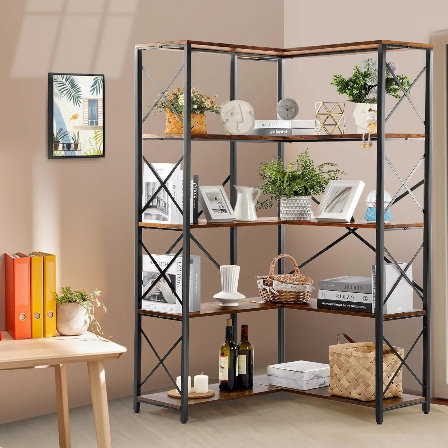 Bookshelf 5 Tier Corner Shelf, Large Modern Industrial Bookcase L Shaped Storage Display Rack with Heavy Duty Metal Frame