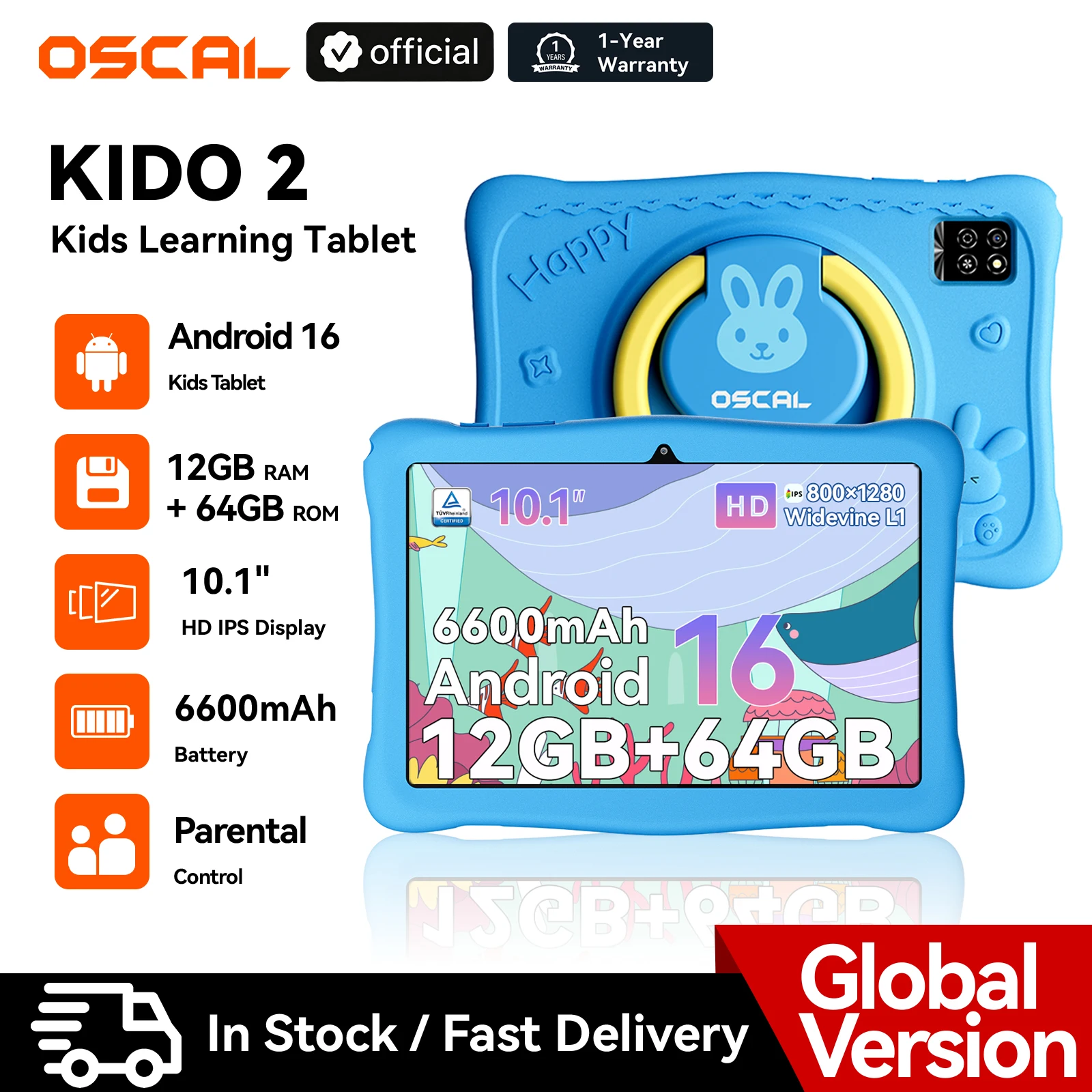 Blackview Oscal KIDO 2 Kinder-Tablet Android 16 12GB RAM (4GB+8GB) 64GB 10,1 Zoll HD IPS 6600mAh WLAN Google Play Android-Tablet
