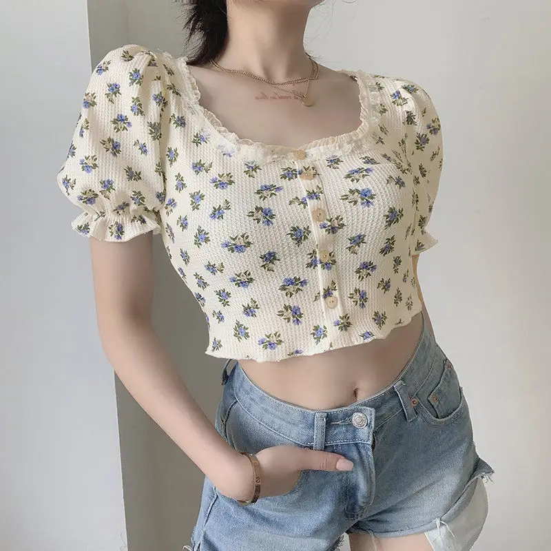 Woman's Tshirts Superior Quality spring/summer Floral Print Knit O Neck Single Breasted Ladies Tops Dropshipping WYP37