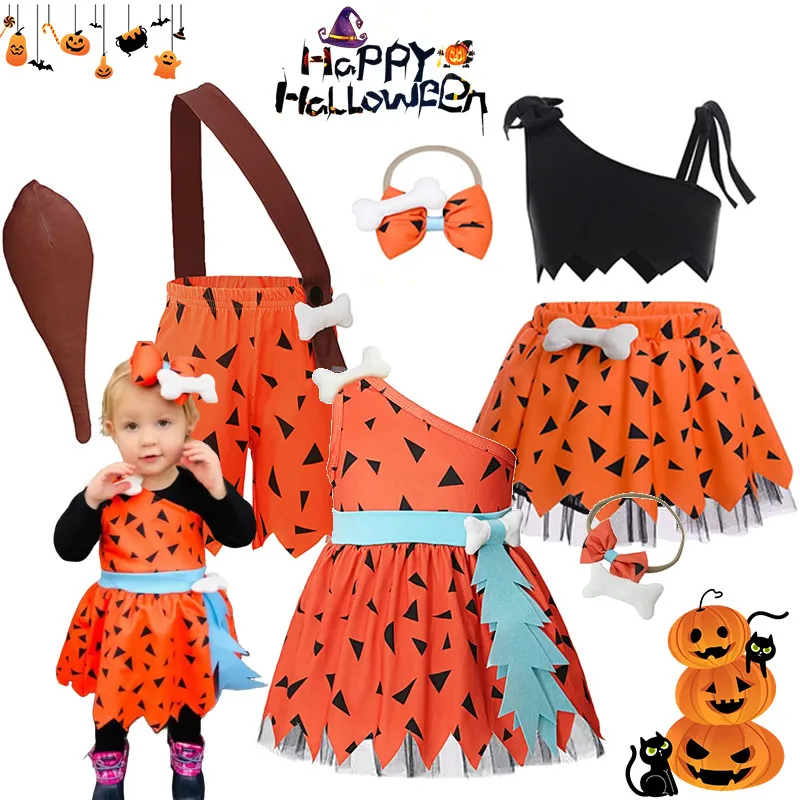 Toddler Kids Caveman Primitive Costume Set Dress Outfit with Bone Headband Prop Halloween Party Fancy Dress Up Role Play