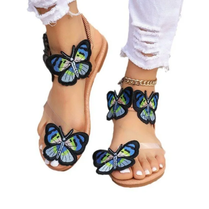 2024 Summer New Bohemian Flat Slippers Wearing Ethnic Style Butterfly Toe Beach Sandals for Women Size 43