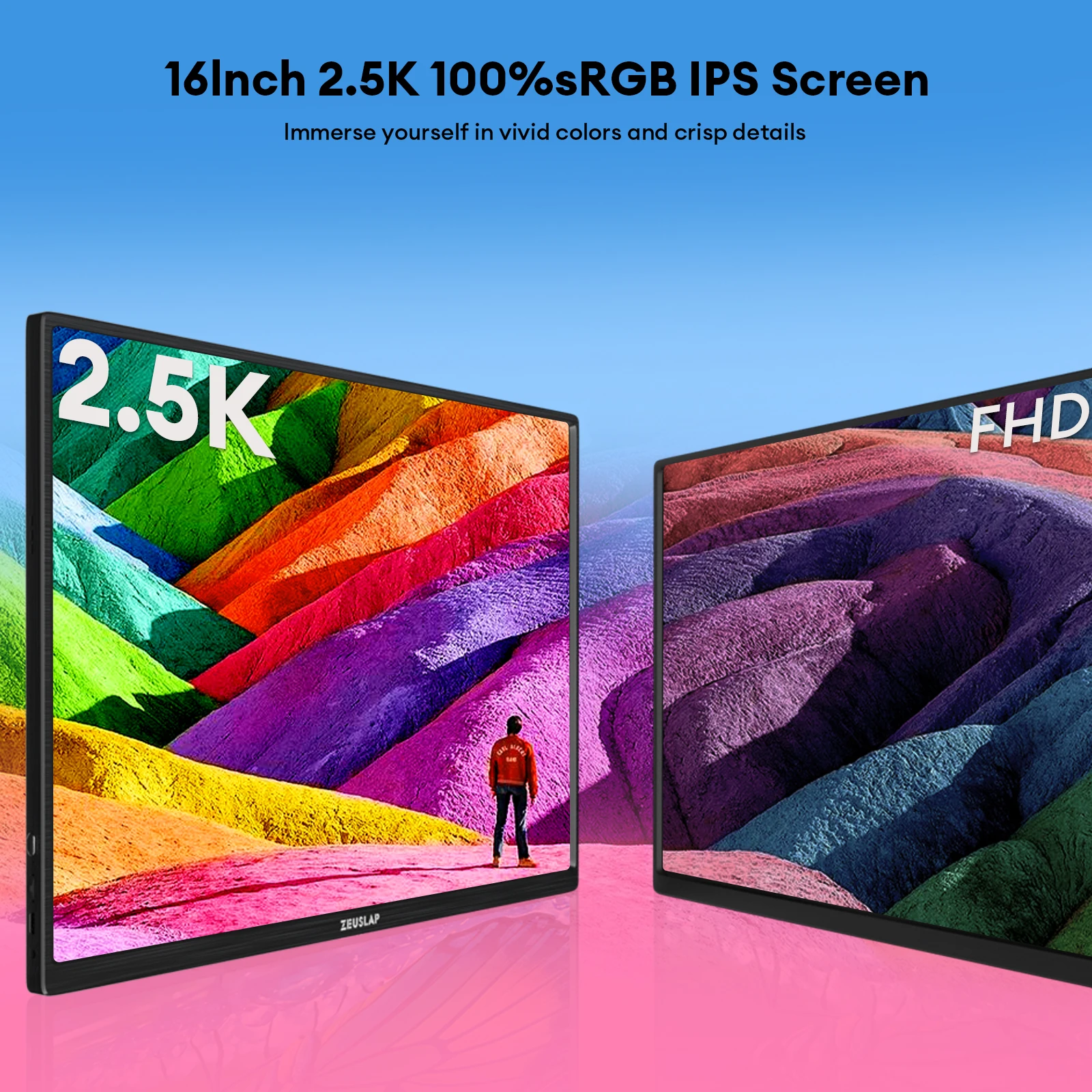ZEUSLAP 16inch QHD 2560*1600P 100%sRGB 300Nits IPS Portable Monitor for Phone,Nintendo Switch,PC,Laptop Second Screen,Designer