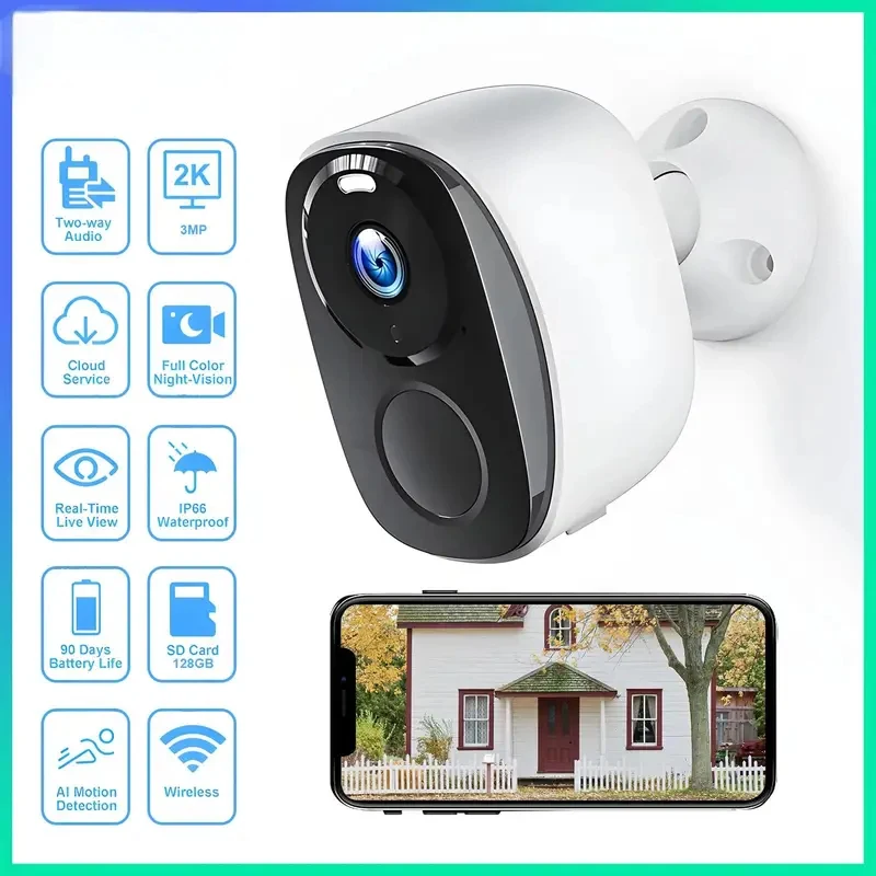 3MP WiFi Surveillance Camera Outdoor Security Protection IP Camera with Smart Home Night Vision Battery Powered Video Recorder