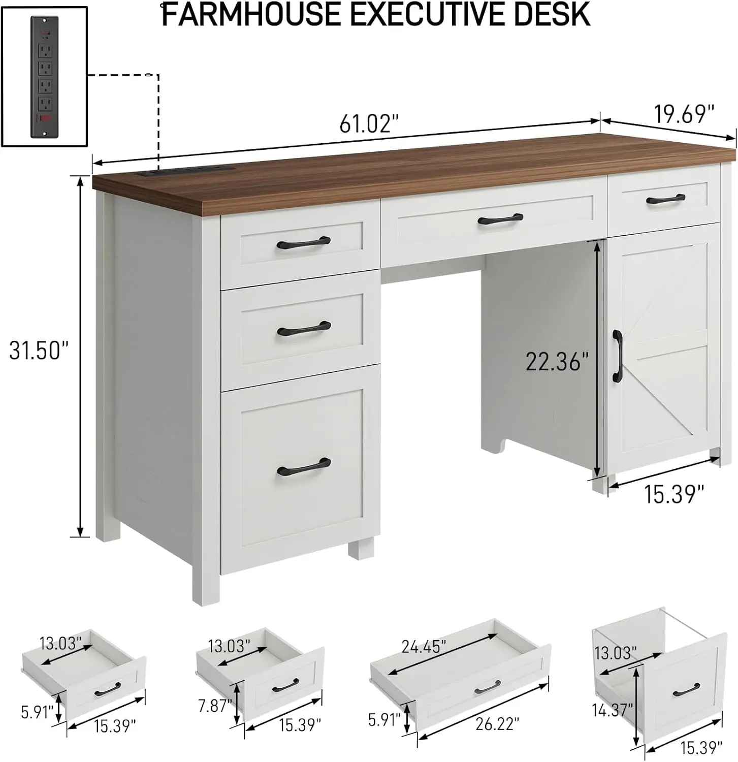 Farmhouse 61'' Executive Desk With 5 Drawers, Rustic Office Desk Computer Desk With Charging Station, File Drawers And Storage