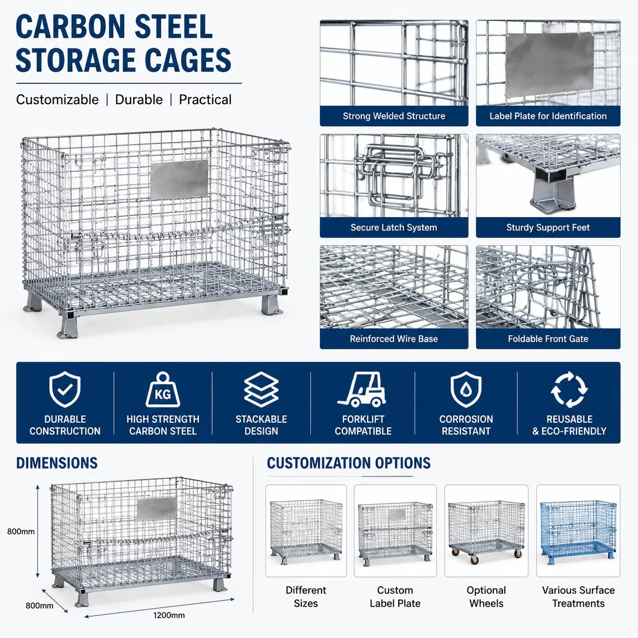 #￥Heavy Gauge Steel Wire Container Storage Cage Galvanized Stacking Bins with 4-Way Entry Forklift Pocket
