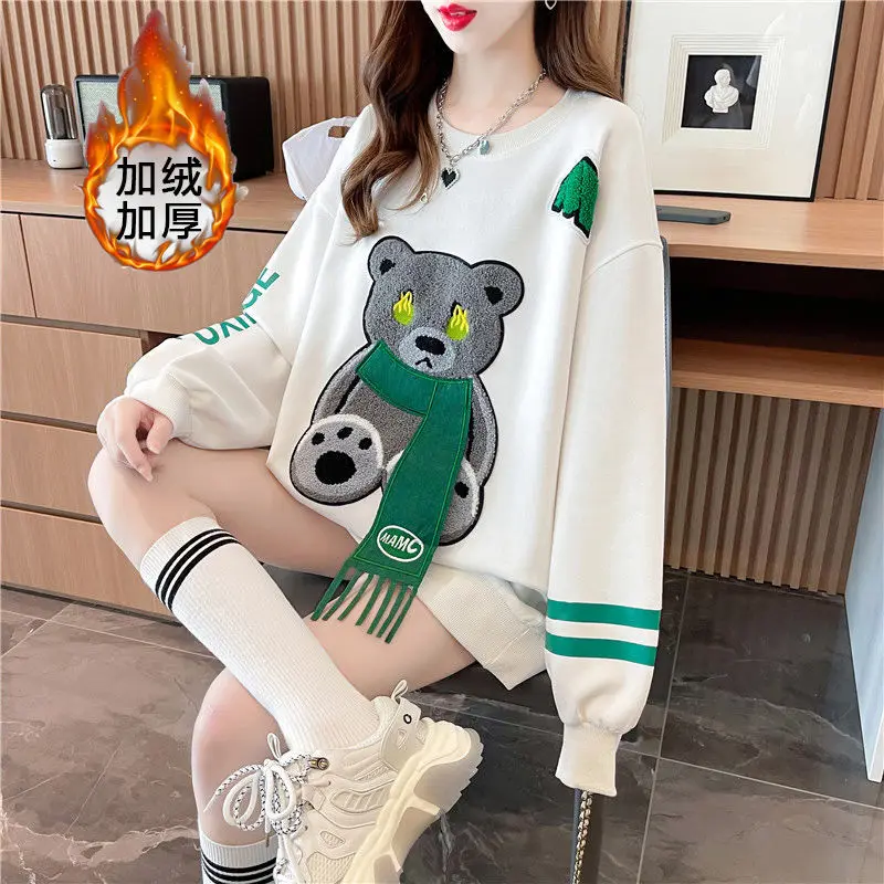 Cartoon Bear Embroidery Round Neck Sweater Women\'s Loose Autumn And Winter Plus Velvet Thick Foreign Style