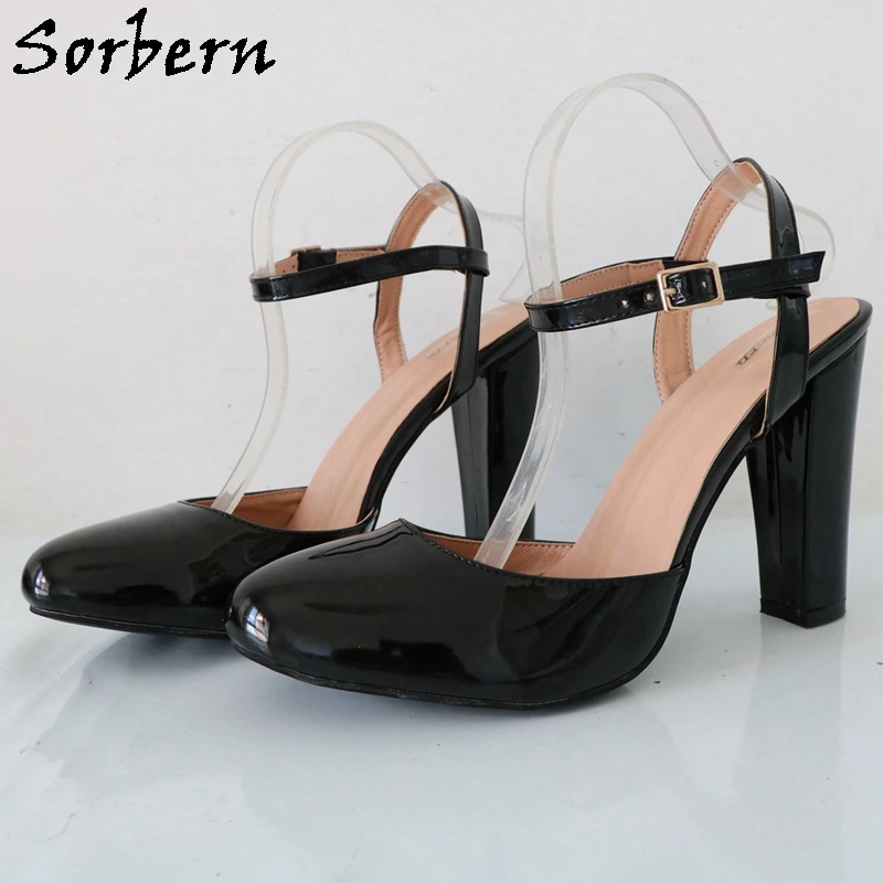 

Sorbern Black Shiny Block High Heel Ankle Strap Women Pump Shoes Chunky Heeled Round Toe Vintage Style Custom Plus Size