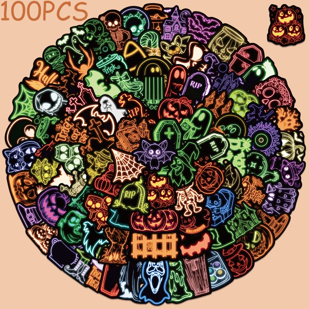 

50/100pcs Cartoon Cool Neon Halloween Stickers Decals For Laptop Refrigerator Scrapbook DIY Aesthetic Stickers Creative Gifts