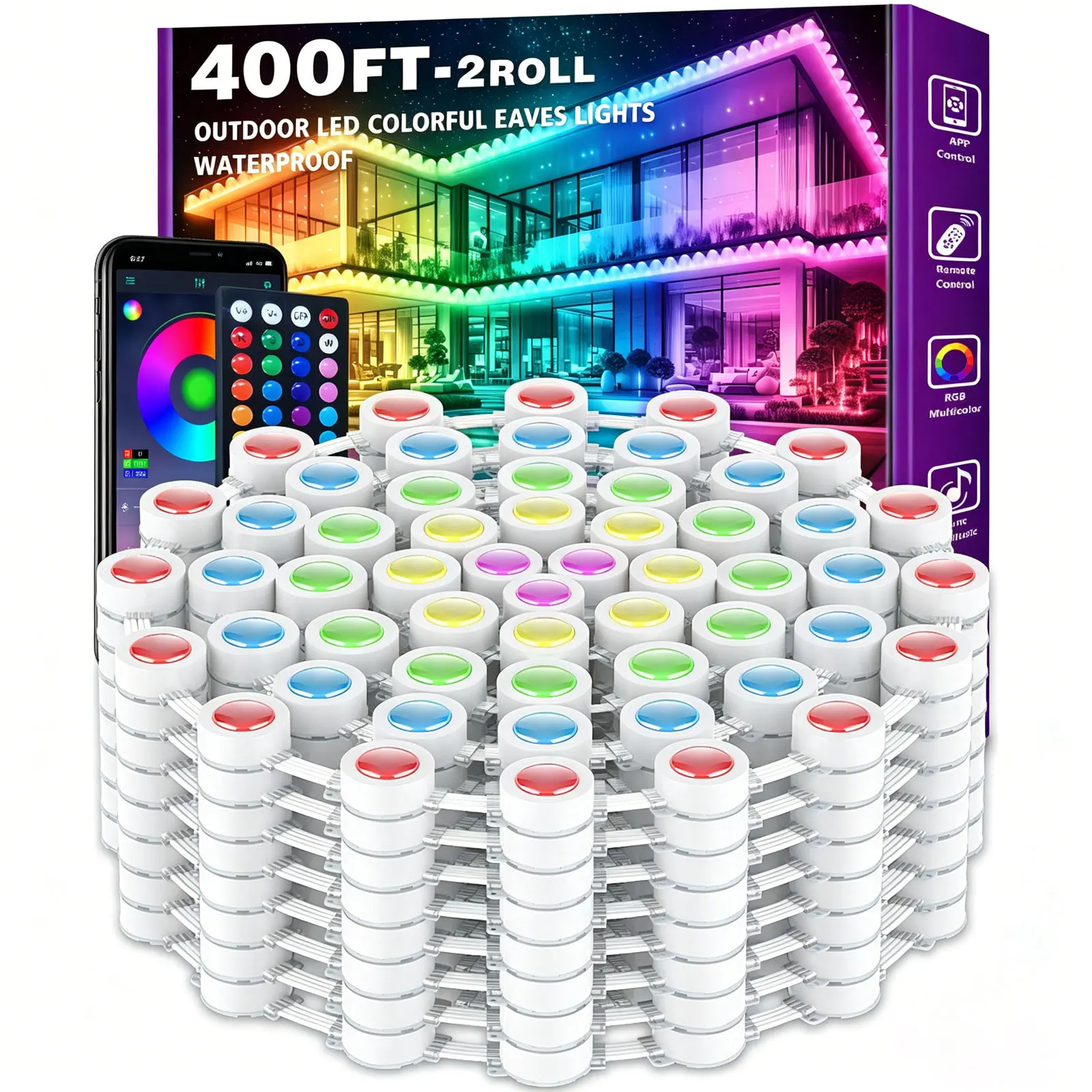 400FT Permanent Outdoor LED String Lights Smart RGB Eave Lights IP67 Waterproof App Remote Control DIY Color Changing Lamp for House Roof Garden New Year Christmas Birthday Party Home Decor
