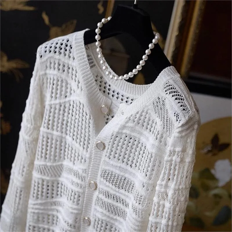 Ele Hollow out Knitwear Women's White Faionable Top High Quali Premium Design Commute Sle Long Sve Button down