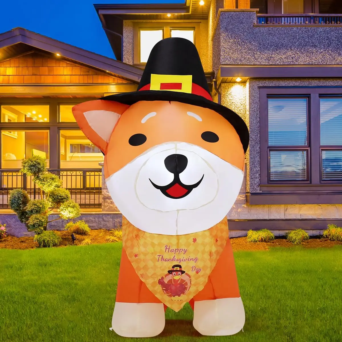Thanksgiving Shiba Inu Dog with Hat Inflatable Yard Decorations 4FT Built-in LEDs Dog Themed Outdoor Holiday Decor