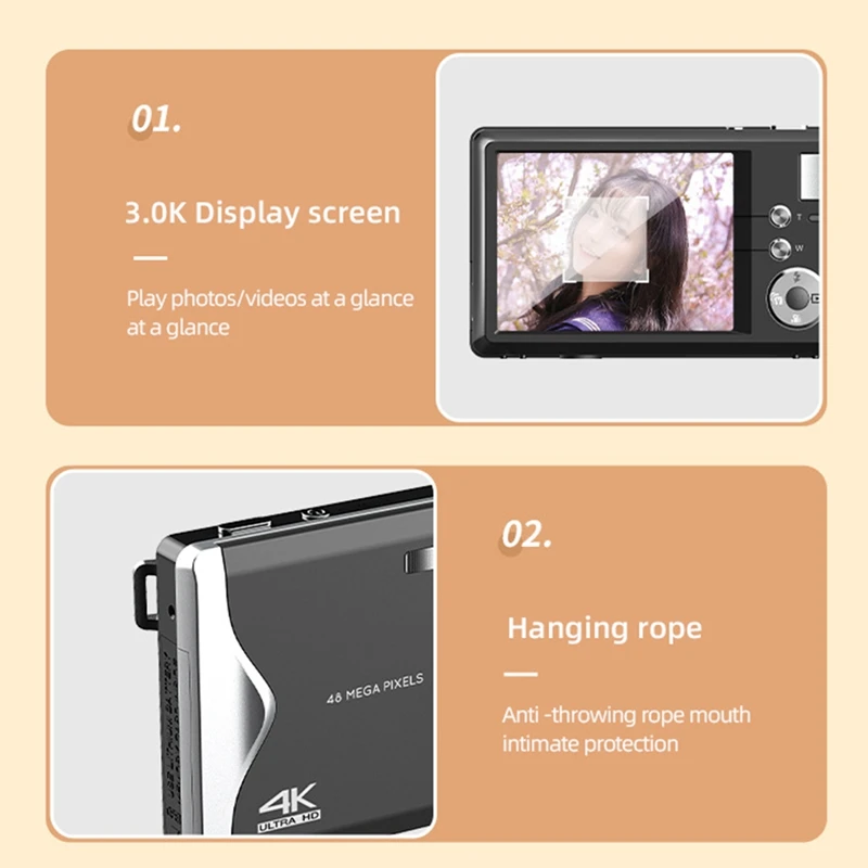 4K HD Digital Camera 3-Inch Large Screen Autofocus Camera Protable Beauty Digital Camera Travel Photo Recorder Easy To Use White