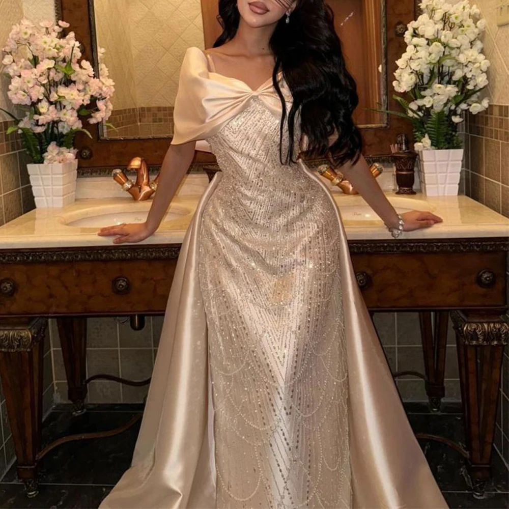 

Modern Beading Lace and Satin Evening Dress V-Neck Off the Shoulder Straight Floor Length Ladies Occasion Customized Gowns