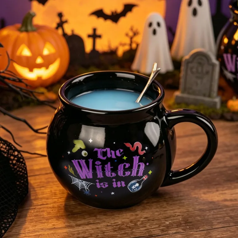 Color Changing Ceramic Witch Cauldron Mug Coffee Tea Cup Gothic Halloween Birthday Gift With Silver Branch Spoon Women Drinkware