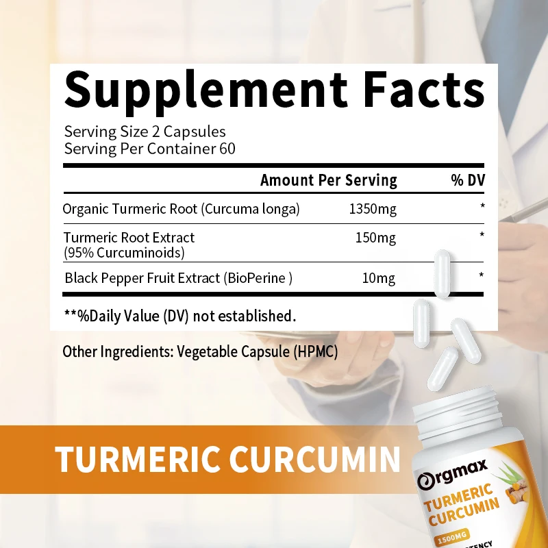 Orgmax Turmeric Curcumin High Potency Capsules Organic Turmeric Root 1500mg Combat Brain Fog Support Joint&Digestion Health