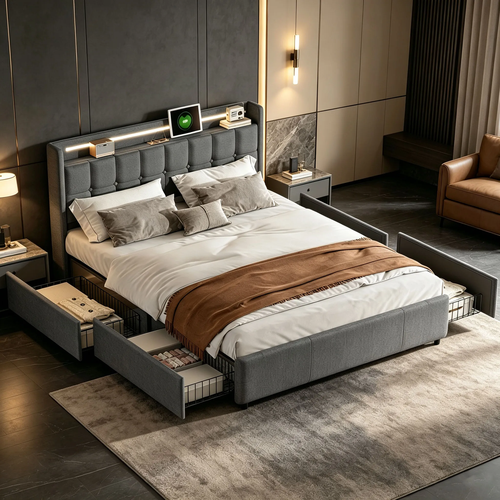 Letto imbottito in lino grigio, modello Superaly, dimensioni 160×200 cm, struttura moderna con cassetti estraibili, testiera trapuntata, robuste doghe in legno per l’uso in camera da letto, struttura