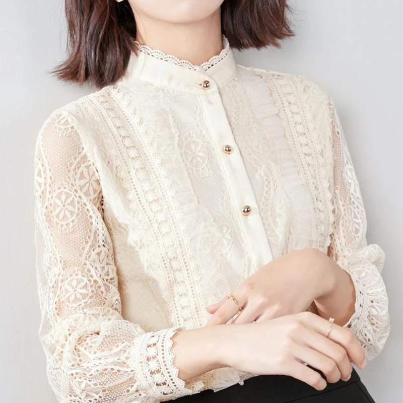 

Woman Fashion Tops and Blouses Female Lace Bottoming Shirts Blouses Ladies Stand Collar Long Sleeve Shirts Vintage Tops G386