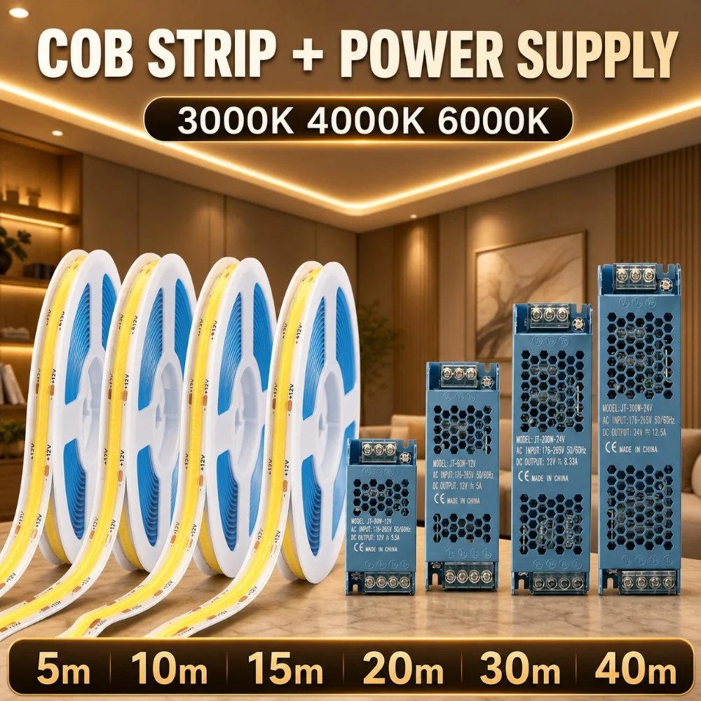 High Density COB LED Tape Light Flexible Strip 5M 10M 20M 30M 40M 3000K 4000K 6000K DC12V DC24V With Supporting Power Supply Kit