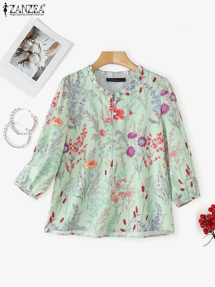 ZANZEA Vintage Tops Women Shirts Floral Print Bohemian Holiday Blouse 2025 Summer 3/4 Puff Sleeve Fashion Casual Ruffled Tunic