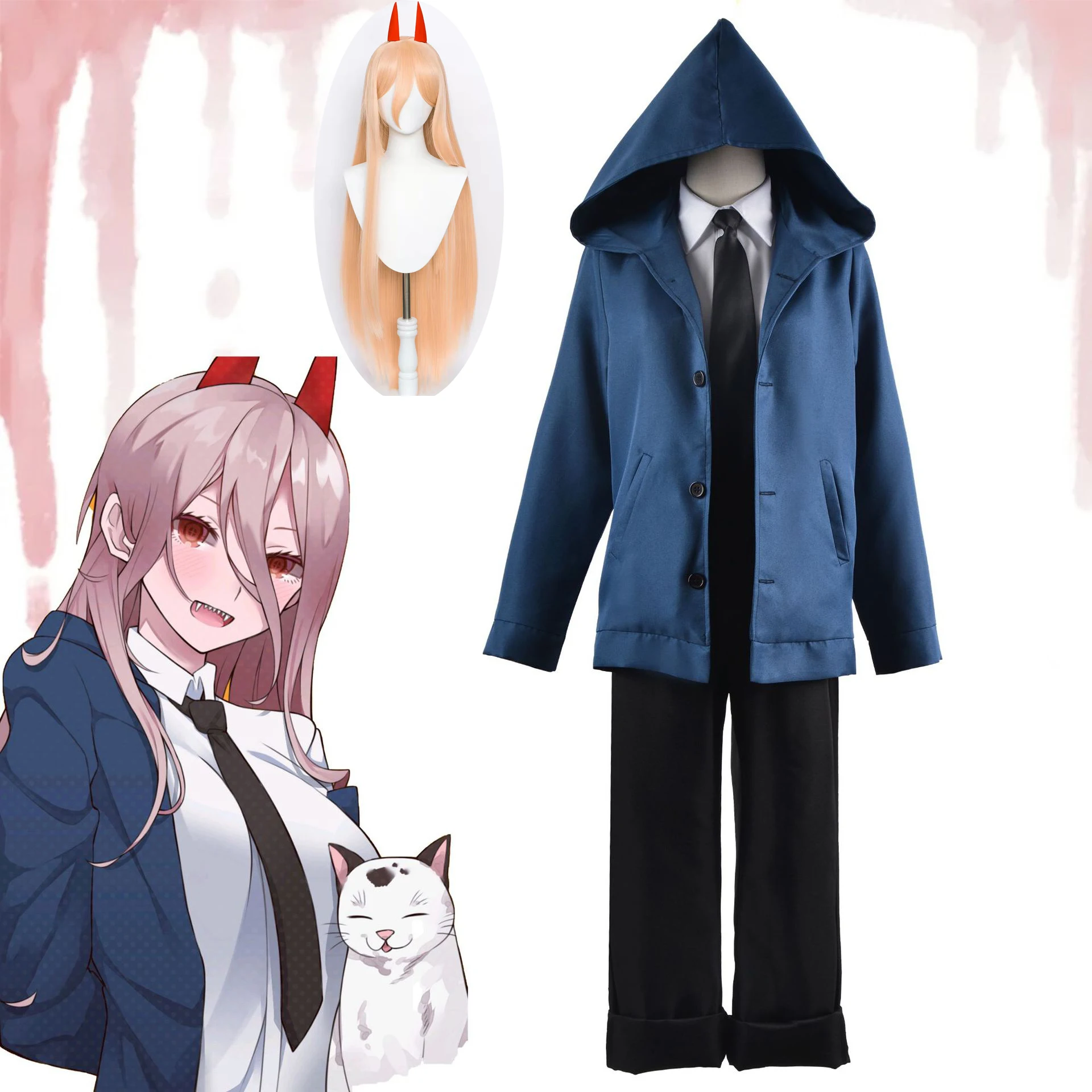 Costume de Cosplay Chainsaw Man Power pour Femme, Chemise Imbibée Bleue, Perruque Courte, Anneau de Cou, Uniforme Anime, Tenues d'Halloween