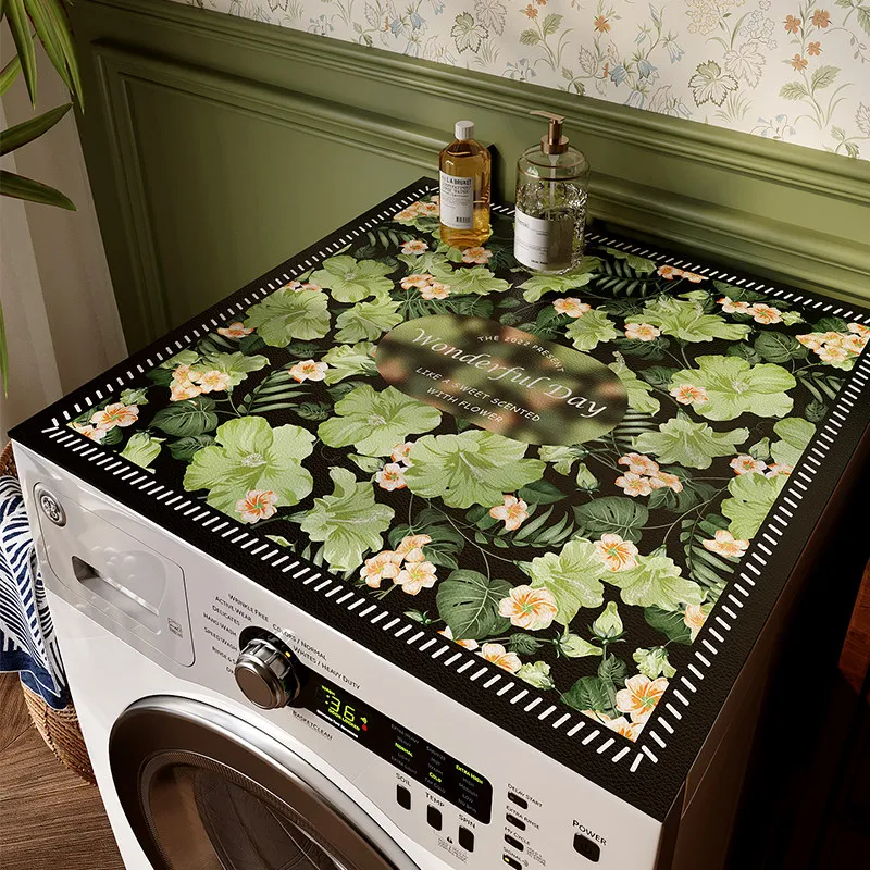 Green Leaf Orange Floral Washing Machine Top Cover Mat Black Base Letter Border Waterproof Anti Dust Dryer Cabinet Surface Pad