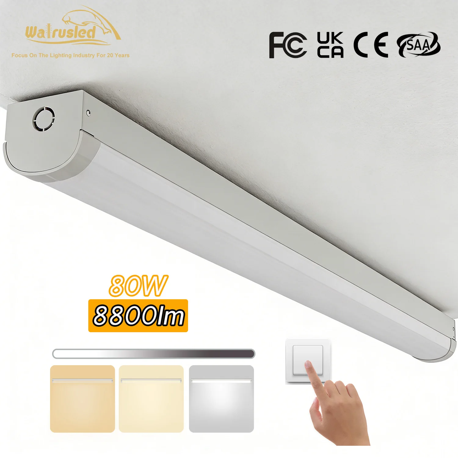 

Светодиодный линейный светильник для лестничных пролетов 4 фута, 80 Вт, 8800 лм, 3000/4000/5000K, диммируемый SCR, коммерческий потолочный светильник для магазинов, сертификация FCC