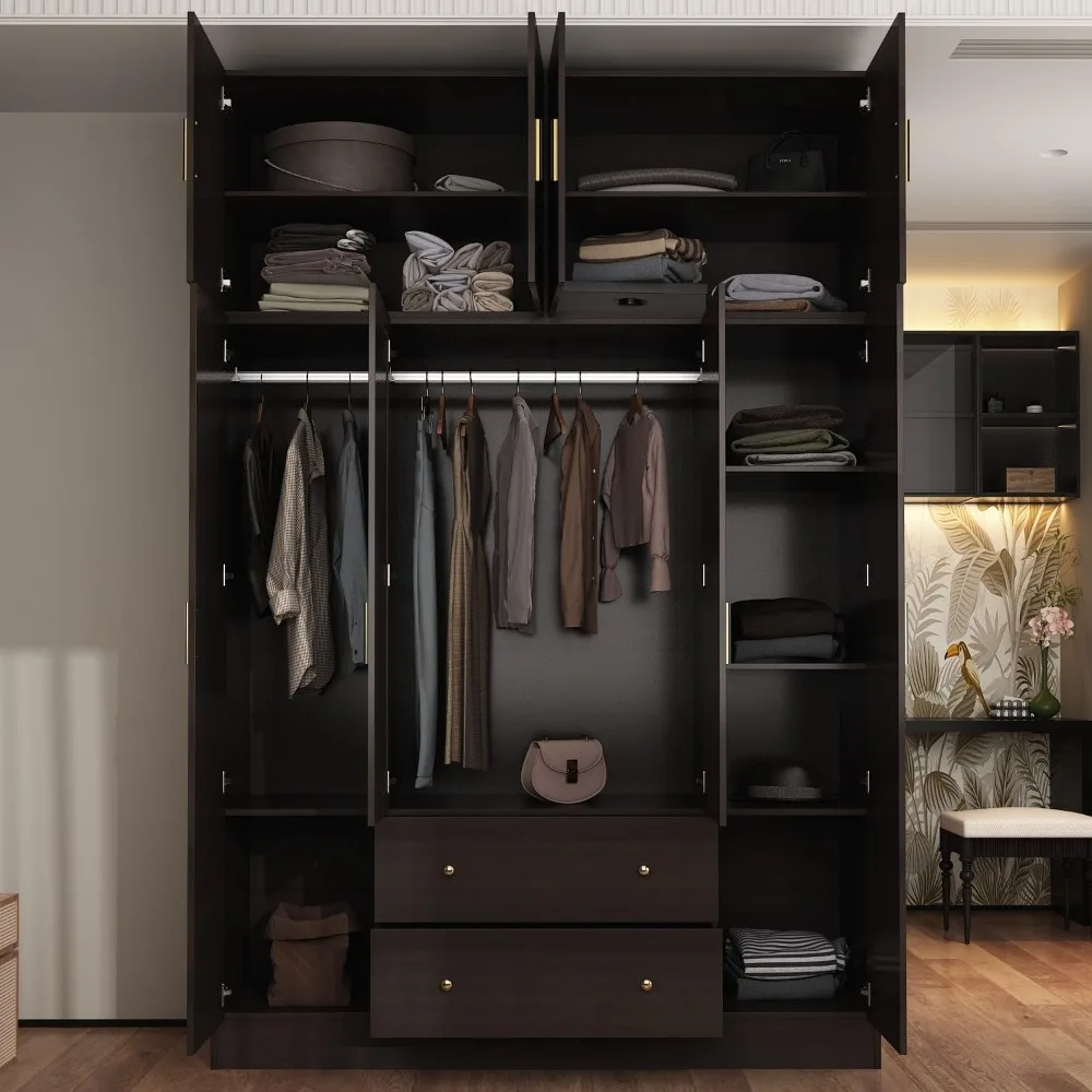 4-Door Wardrobe Closet with Mirror, Closet with Drawers and Shelves, Armoire Wardrobe Closet with Hanging Rod, Top Storage