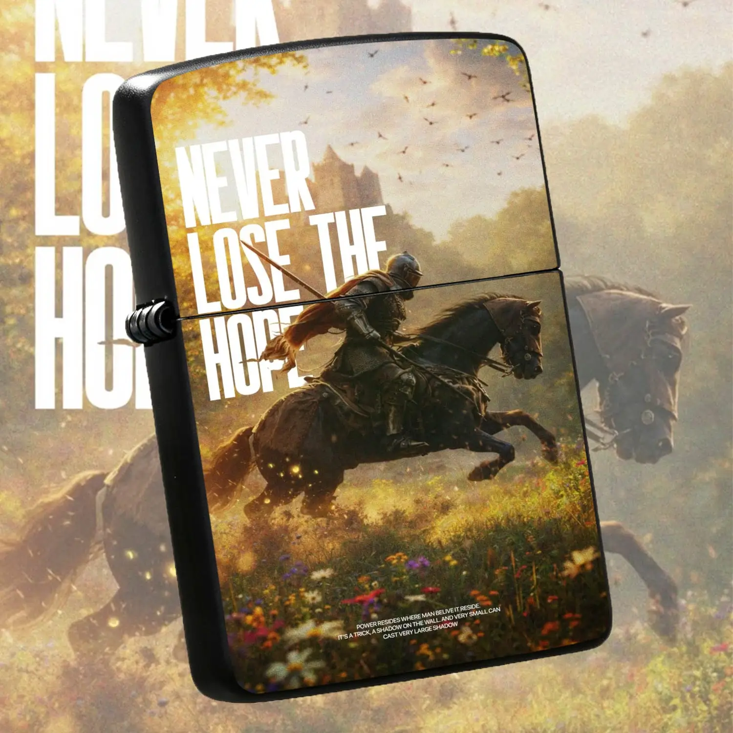 Vintage Knight Riding Horse Themed Portable Lighter, Featuring The Inspirational Never Lose Hope Motto, Warm Golden Sunset Wildflower Field Design, Exquisite Castle Background Print, Ideal For Daily Carry, Gifting On Various Occasions, Uniq