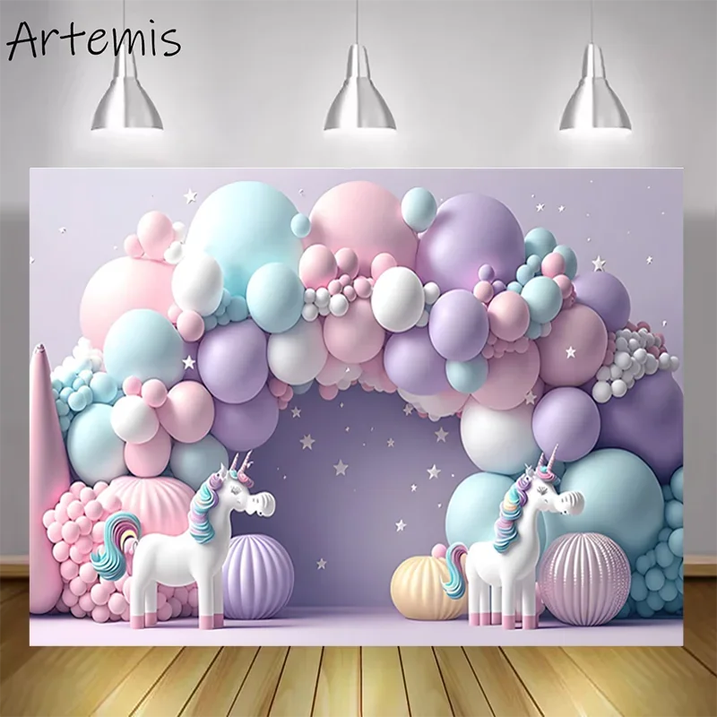 

Unicorn Theme Baby Shower Newborn Girl Birthday Cake Smash Backdrop Balloon Star Decoration Props Photography Photo Background