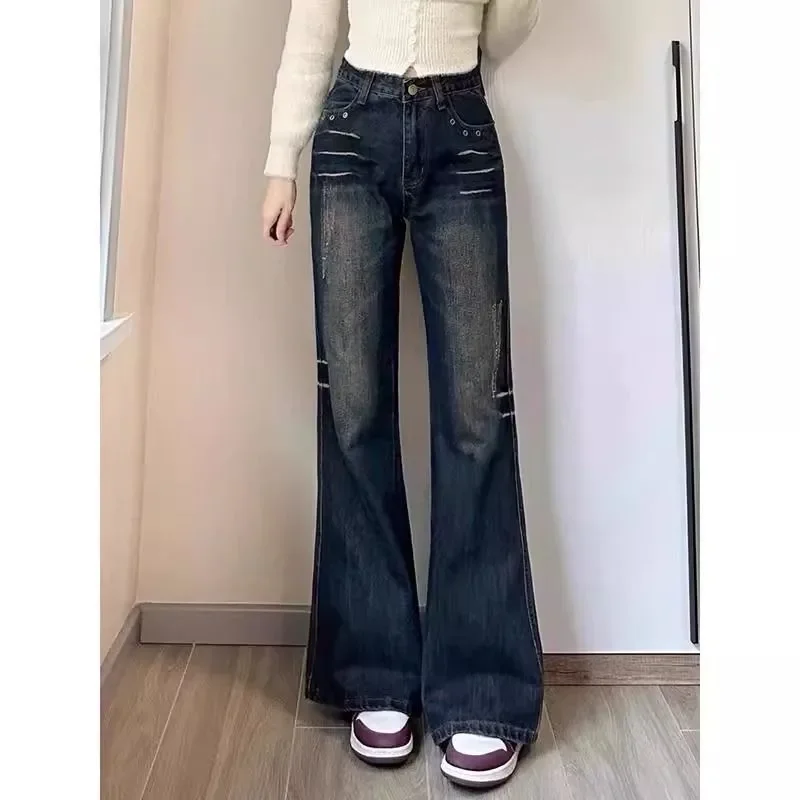 Retro Design Sense Low Waist Bootcut Jeans Women Washed Vintage New Fashion Versatile Slimming Horseshoe Pants