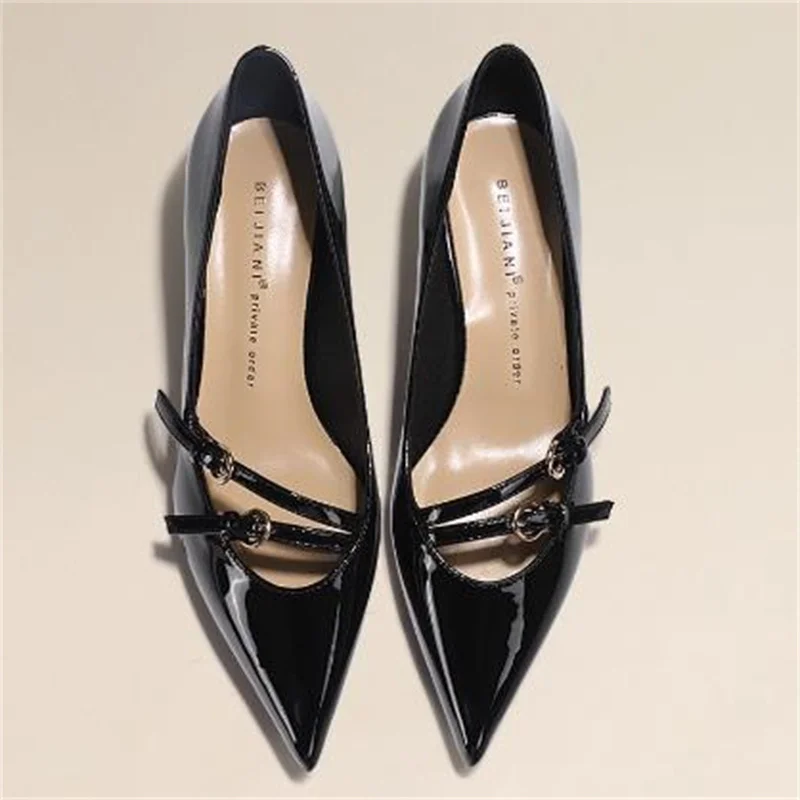 

Belts Buckle Shoes for Women Pointed Toe Ladies Patent Leather Chassure Femme Low Heel Shallow Female Pumps Solid Zapatos Mujer