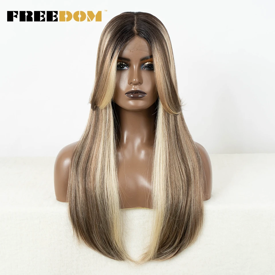 FREEDOM Synthetic Lace Front Wig Straight Wigs For Women Blonde Highlight Wig 24 inches T Part Lace Wig Cosplay Party Wig