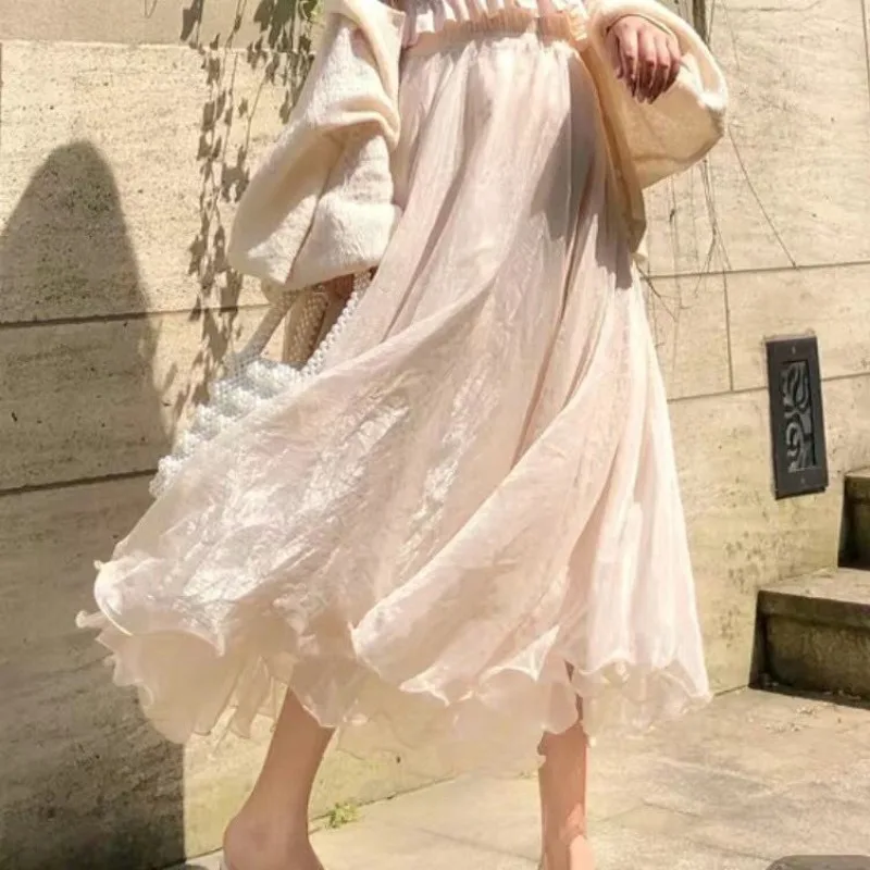 

Summer New Gentle Slimming Loose Leisure Fashion Elegant High Waisted Skirt Long Skirt Solid Color Women Half Body Skirt
