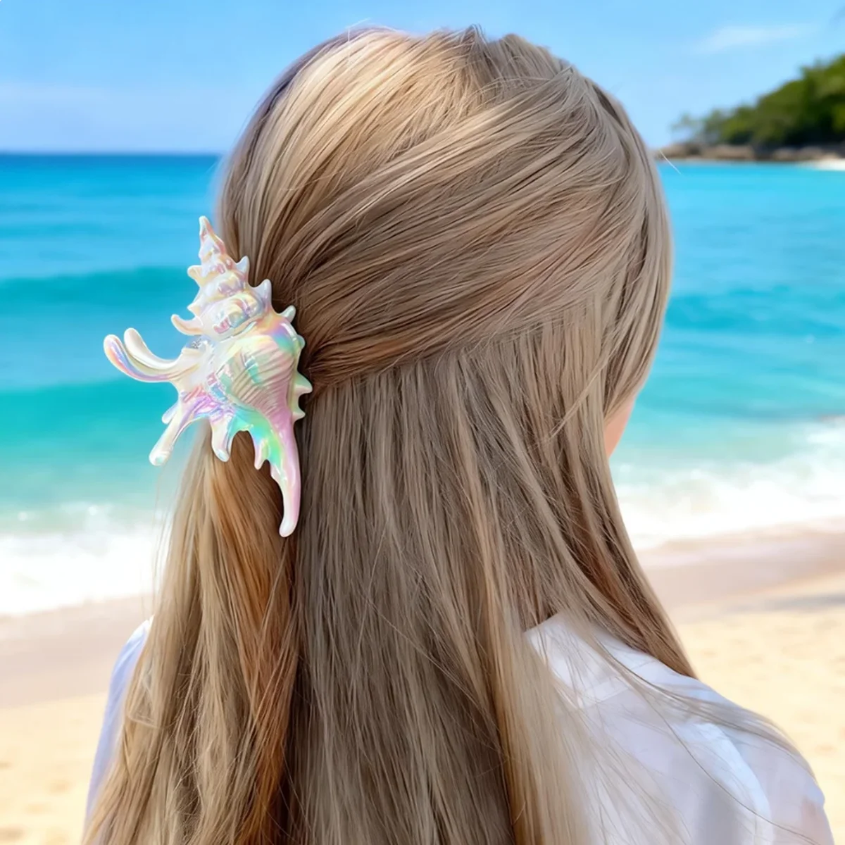 

White Seashell Hair Claw Clip for Women, Large Conch Hair Clamp, Beach Vacation Hair Accessory, Perfect for Summer Hairstyle & t