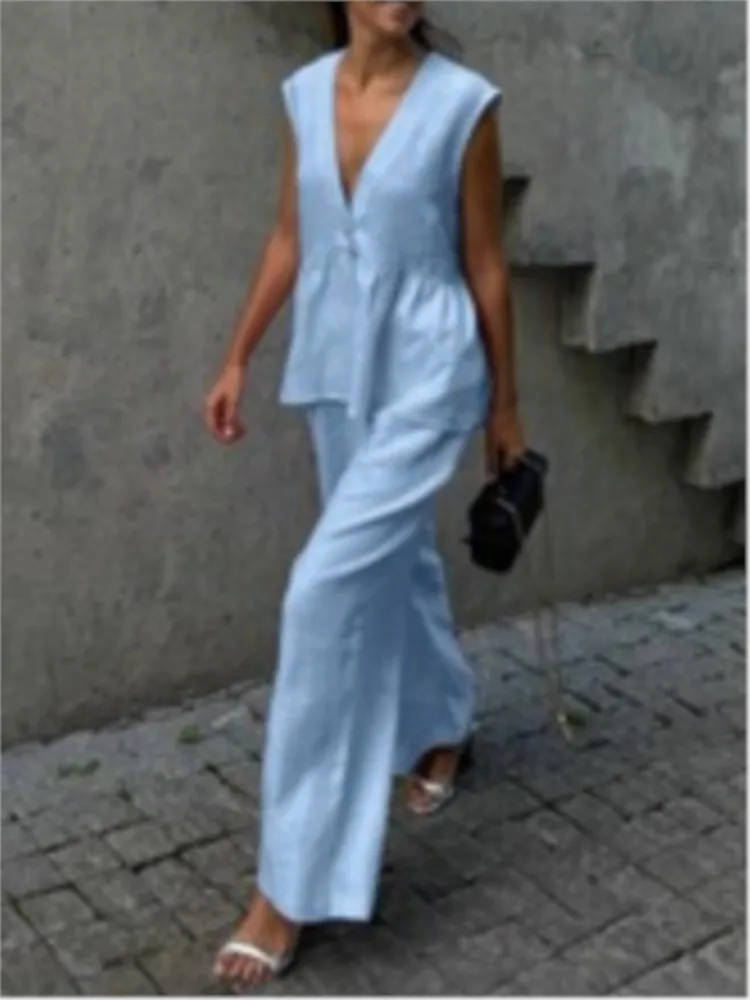 

Women Elegant Two Piece Sets Summer Fashion Sleeveless Single Breasted Vests Wide Leg Pants Suit Casual Office Lady New Outfits