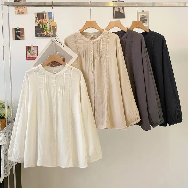

Spring 2026 Japanese Standing Collar Pleated Lace Lace Women's Cotton Cardigan Versatile Long Sleeved Linen Shirt Top