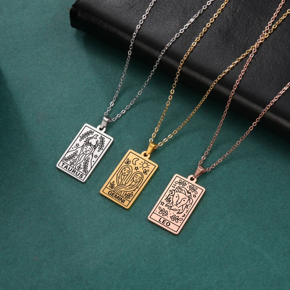 Skyrim Zodiac Women's Neck Chain 12 Constellation Vintage Stainless Steel Square Pendant Necklaces Leo Gemini Taurus Scorpio