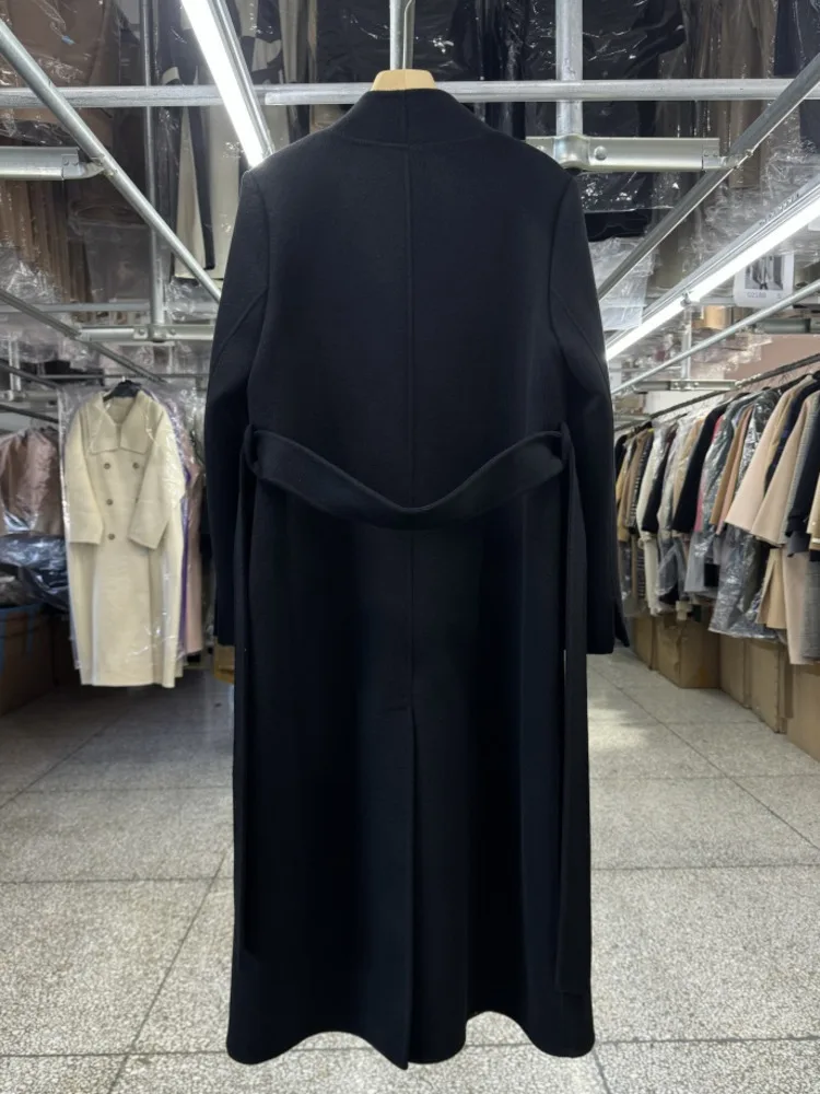 معطف نسائي من قماش الكشمير باللون الأسود على الوجهين من DFDG مع ياقة كتف مستقيمة طويلة 2025 معطف صوفي جديد ضيق برباط في مكان العمل #3