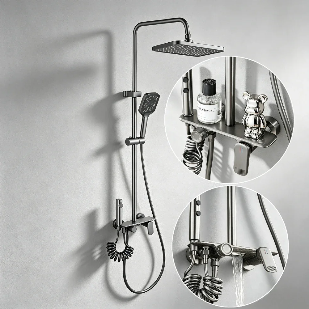 Four Ways Water Outlet Bathroom Shower System Wall Mounted Bathroom Shower Faucet Set Rainlfall Pressurized Brass Shower Set