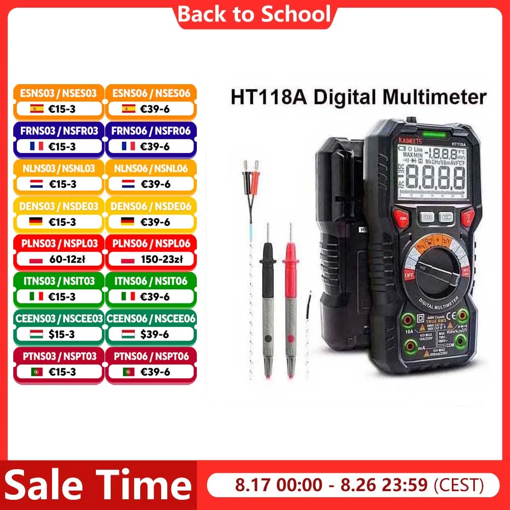 KAIWEETS HT118A multimètre numérique Ture RMS multimètre à plage automatique 1000V 10A AC DC Ohm Hz NCV compteur de température de tension en direct