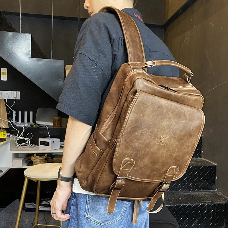 Hot Fashion Men PU Backpack USB Charging Large Capacity Retro Square Outdoor Leisure Backpack Backpack